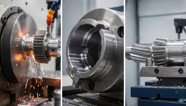 Medium shot of an industrial machine grinding an external spline shaft showcasing detailed metal finishing and precise tool alignment. Medium shot focusing on internal spline hub