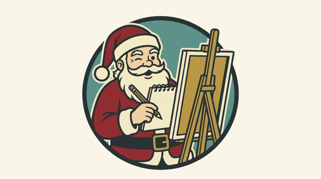 Santa Claus sketching on a notepad next to an easel