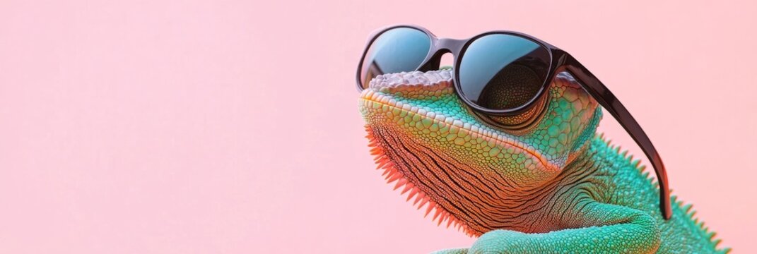 Colorful chameleon wearing stylish sunglasses poses against a soft pink background, showcasing vibrant scales and a playful demeanor, embodying a fun and trendy atmosphere