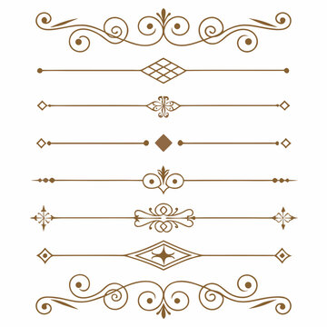 Elegant gold collection of vintage decorative text dividers with ornate swirls and geometric patterns for classic book layout design wedding invitations antique certificates and royal headers.
