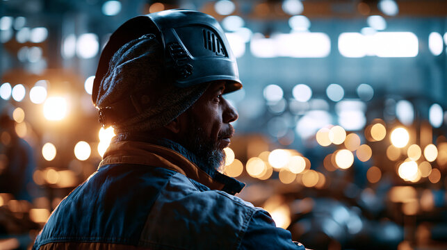 Bright steel fabrication workshop where a welder seen from behind erects a technical steel structure protective helmet and jacket clean bright hall silhouetted rear view