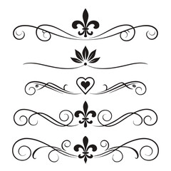 Decorative vector graphic ornaments and page dividers with elegant flourish filigree swirly elements, floral designs, and heraldic fleur de lis symbols. © KHUKUMONI