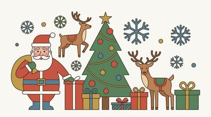 Santa Claus stands with reindeer and gifts near a decorated Christmas tree © yeyet