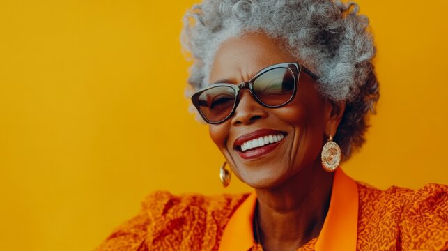 Senior woman with gray curly hair and stylish sunglasses, smiling brightly against a vibrant yellow background, showcasing joy and confidence in her expression and fashion choices