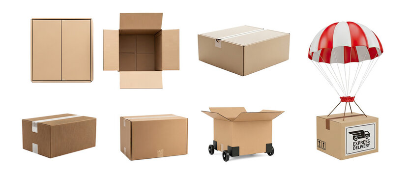 A collection of cardboard boxes and delivery elements are arranged on a transparent background. The image includes various box shapes, such as a small box, a large box, a box with a flap
