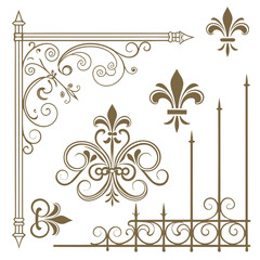 Set of elegant golden vintage corner flourishes and royal fleur de lis decorative elements for classic wedding invitation design borders ornate metal railing fence patterns for luxury page decoration. © KHUKUMONI