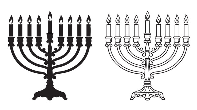 menorah with lit candles black silhouette line art vector icon black silhouette with line black silhouette with line art vector icon