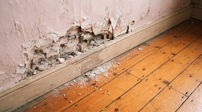 Damaged plaster wall showing signs of rising damp and peeling paint above wooden floorboards indicating moisture issues and property maintenance requirements