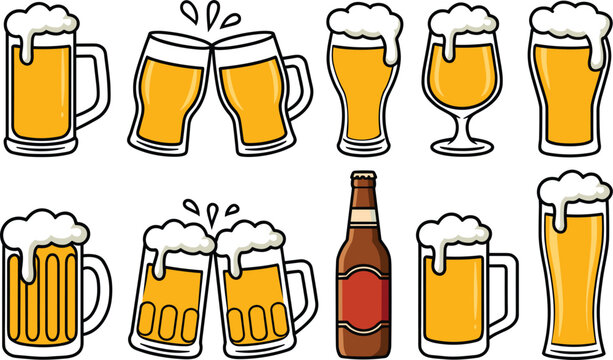 Flat style beer icon set with glass mugs clinking pints bottle and bubbling foam elements for party graphics