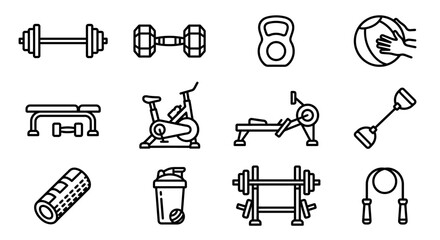 Fitness Equipment Icons Set: Dumbbells, Kettlebell, Bench, Bike, Rower, Jump Rope, Shaker © Sugar