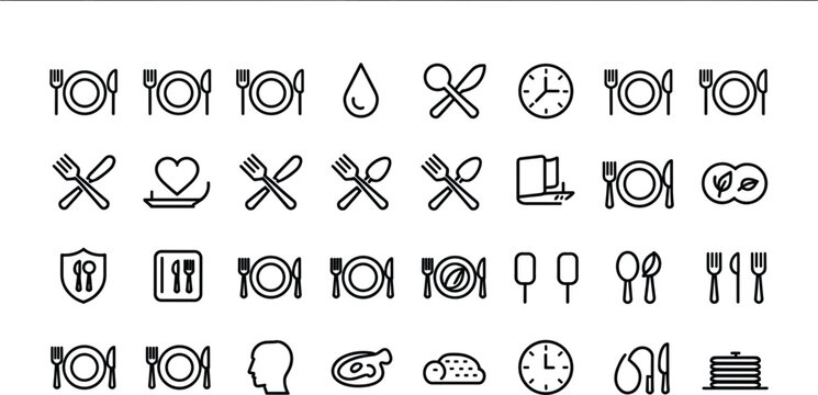 Food and restaurant line icons set including cutlery fork spoon knife plate clock heart safety and food items