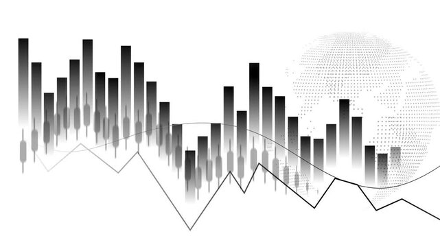 Financial chart with candlestick bars line graph and glowing globe on a grid background animation, Business market analysis and global business data