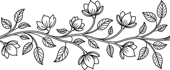 Floral border banner with elegant outline magnolia flower branches vintage seamless botanical pattern ornament isolated on white background vector © MD
