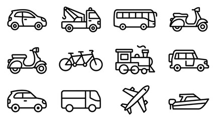 Obraz premium Collection of simple line art icons representing various modes of transportation, travel, and vehicles.