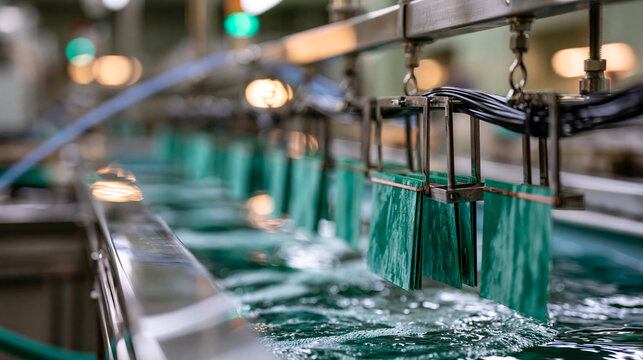 Bright copper electroplating machine for printed circuit boards inside a clean plant rows of green boards suspended in bath frames stainless housing wide faceless technical