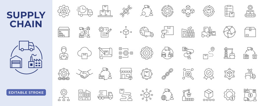Supply chain icon set with editable stroke. Collection of global logistics, manufacturing process, inventory management and cargo delivery line icon vector illustration