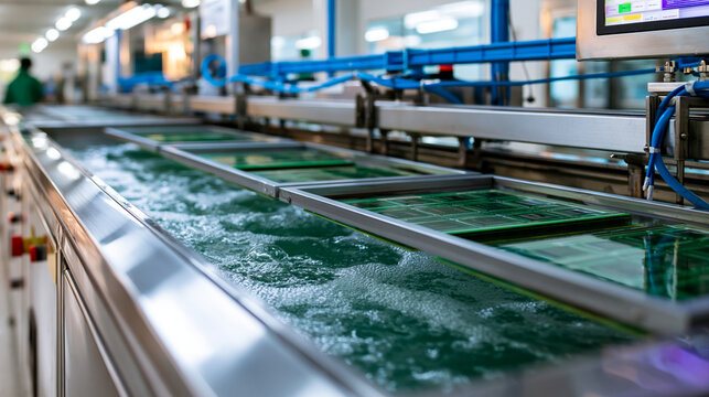 Bright copper electroplating machine for printed circuit boards inside a clean plant rows of green boards suspended in bath frames stainless housing wide faceless technical