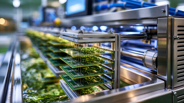 Bright copper electroplating machine for printed circuit boards inside a clean plant rows of green boards suspended in bath frames stainless housing wide faceless technical