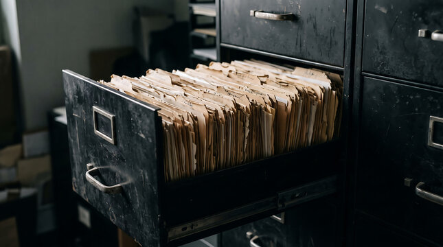 Old dark metal filing cabinet with drawer open revealing stack of yellowed paper files and records in storage archives documents business bureaucracy administrative