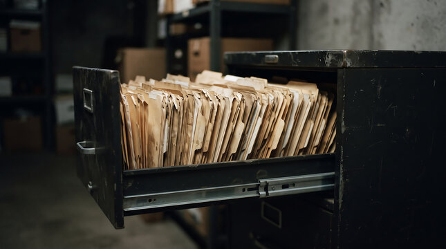 Opened black metal filing cabinet drawer filled with organized paper documents and manila folders in dimly lit vintage office archive room for records management concept.