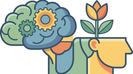 Mind at work with gears and a blooming flower symbolizing creative thought © uzu