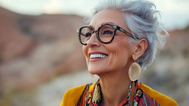 Senior woman with gray hair and stylish glasses smiles joyfully outdoors, wearing colorful attire, showcasing a vibrant personality against a natural landscape background
