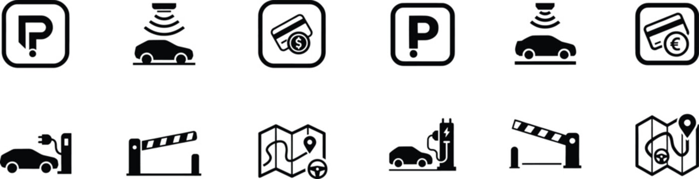 Set of smart parking and charging station related flat vector icons with transparent background.