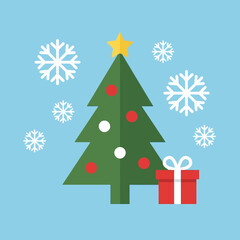 Naklejka premium Flat vector illustration of a decorated Christmas tree with a gift box