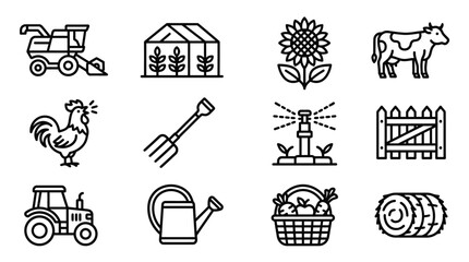Farm Icons Set: Tractor, Harvester, Greenhouse, Cow, Rooster, Sunflower, Garden © Sugar