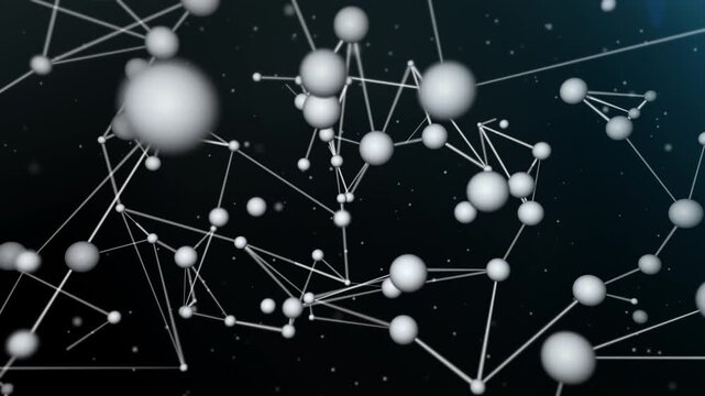 Vast network of connected white spheres floating in dark space with soft depth of field, cinematic plexus animation for technology marketing, science videos and title backdrops.