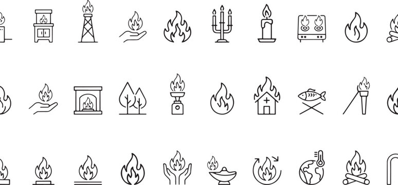Collection of Fire and Flame Related Icons with Various Symbols and Objects Depicted in Minimalist Line Art Style
