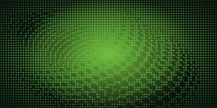 Radial green halftone dots pattern on dark background, grid