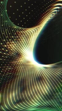 Vertical particle dot spiral glowing in gold and emerald tones, cinematic abstract loop with soft depth of field for mobile ads, story content and futuristic brand campaigns.