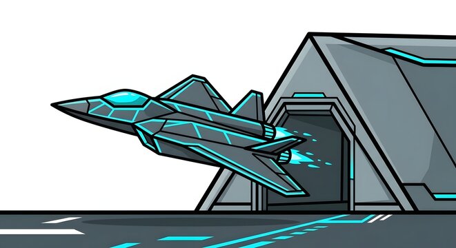 Futuristic fighter jet taking off from a high tech military hangar