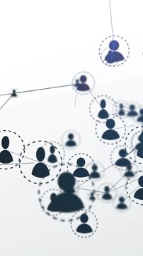 Floating people icons in dashed circles drift through a bright minimal space, connected by delicate lines suggesting social networking and community growth for mobile content
