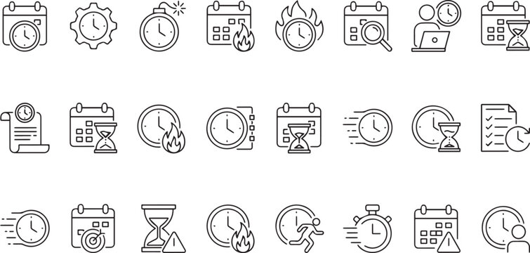 Collection of time management and productivity icons featuring clocks calendars and scheduling symbols on transparent background