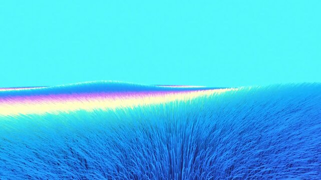 Stylized holographic grass waves in the wind beneath a bright cyan sky in an abstract 3D render loop visualizing sustainability and optimistic future narratives