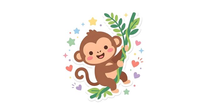 Cute brown monkey hanging from a green jungle vine