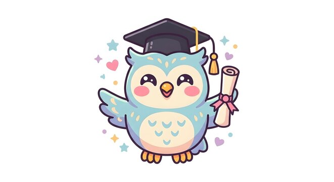 Cute kawaii owl graduate wearing mortarboard cap and holding diploma