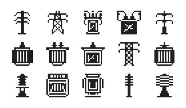 Diverse electrical substation and transmission tower icons for power network management.