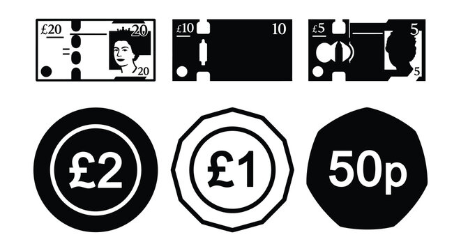 British currency silhouettes pound notes and coins black on white