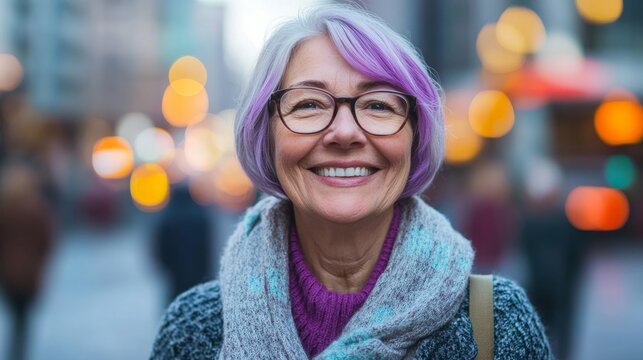 Senior woman with stylish purple hair and glasses smiles warmly in a bustling urban environment, showcasing her vibrant personality and joyful spirit in a lively city setting