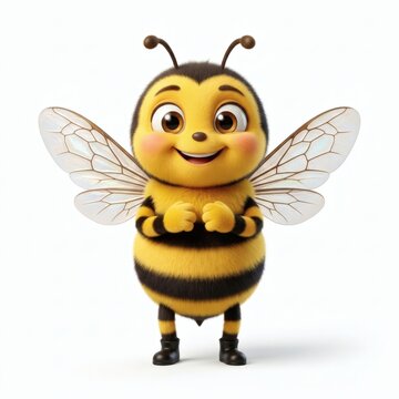 Cute cartoon bee character with a cheerful smile and detailed wings, isolated on a clean background. Perfect for children&rsquo;s education, branding, and creative projects.