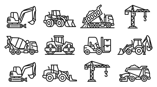 Construction Vehicles Icon Set: Excavator, Crane, Loader, Mixer, Forklift, Tipper
