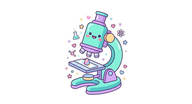 Cute cartoon microscope character with science symbols and hearts