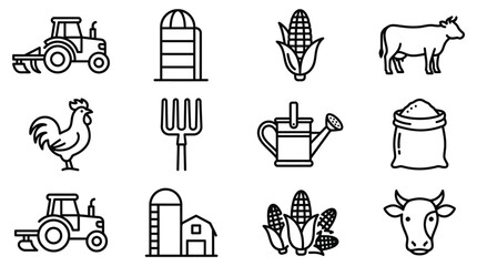 Farm Icons Set: Tractor, Silo, Corn, Cow, Rooster, Pitchfork, Watering Can, Grain Bag © Sugar