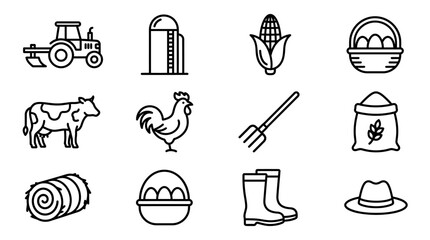 Farm Icons Set: Tractor, Cow, Rooster, Corn, Silo, Eggs, Hay Bale, Tools, Boots, Hat © Sugar