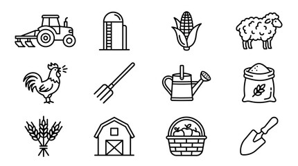 Farm Icons Set: Tractor, Barn, Rooster, Sheep, Corn, Wheat, Tools & More © Sugar