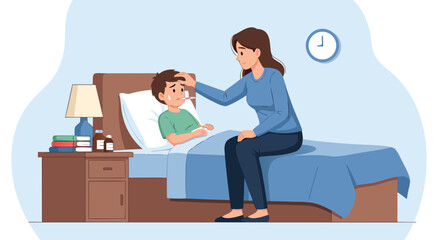 Caring mother taking care of a sick child in bed vector illustration design featuring a feverish son with a thermometer and medicine