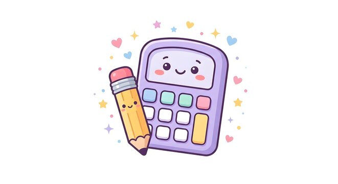 Cute calculator and pencil characters with colorful hearts and stars
